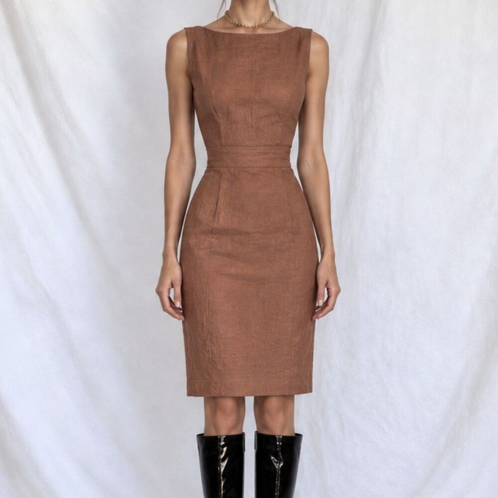 Vintage Y2K 90s Brown Sleeveless Knee Length Sheath Cocktail Party Dress Size M